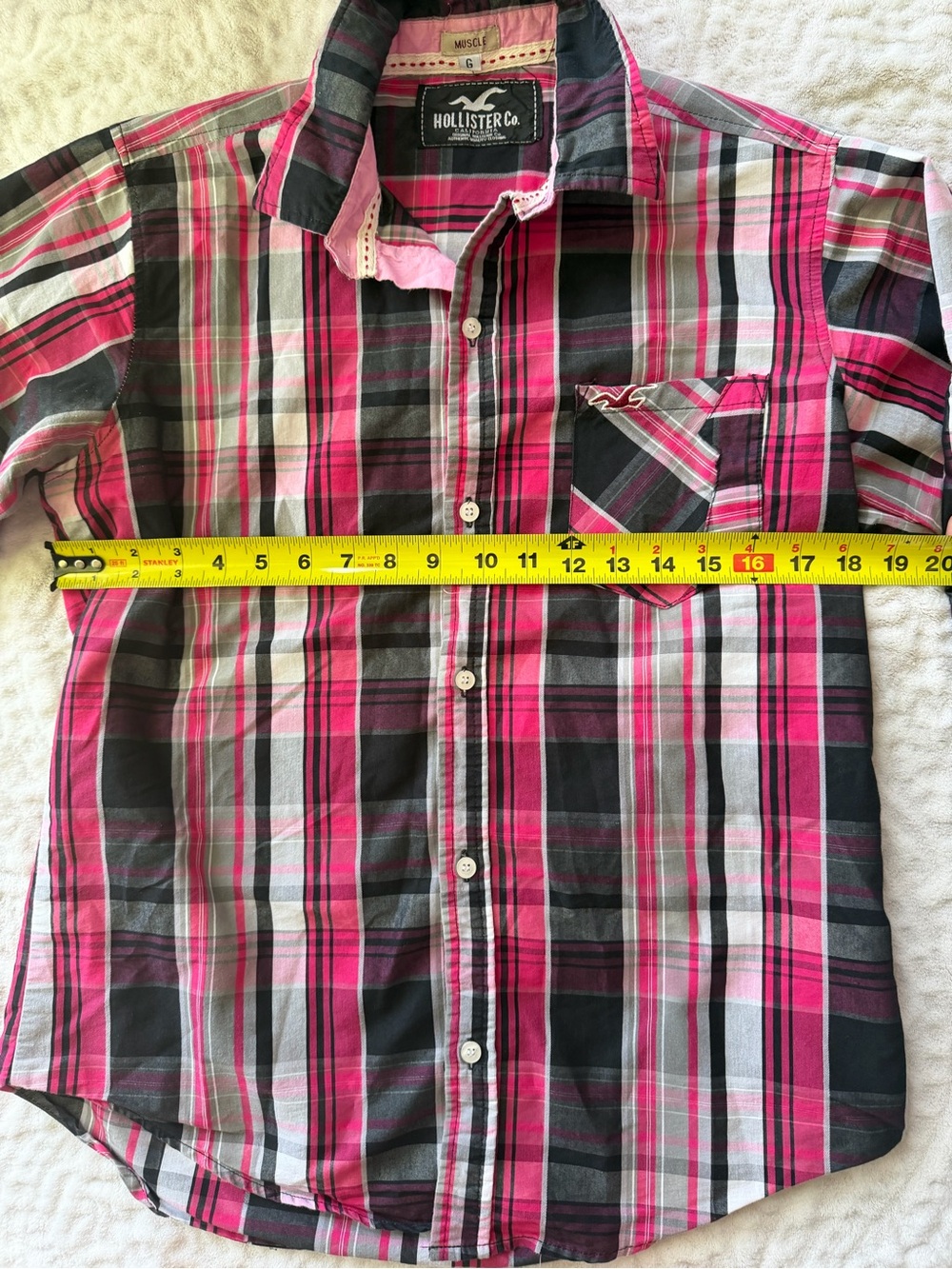 Vintage Kids Hollister Pink and Black Plaid Long-Sleeve Button-Down Shirt Size L - Picture 6 of 7